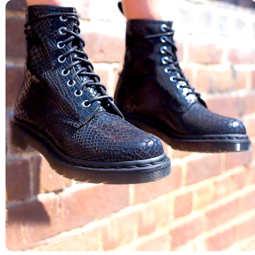 Dr. Martens Black Snake Print Ankle Boots